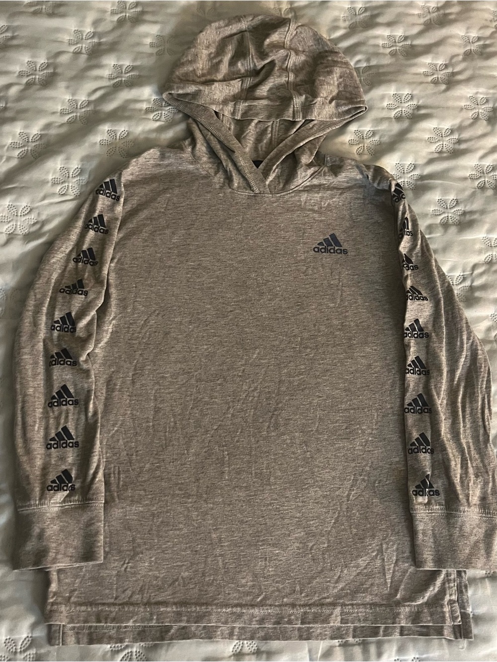 adidas Heather Gray Long Sleeve Hooded Tee with Logo Stripe kids. S(8)